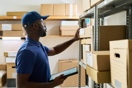 Black man young adult organizing cardboard boxes on storage shelf while holding digital tablet in...