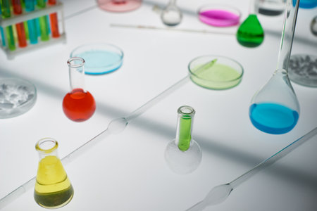 Laboratory glassware being used for conducted experiment: flasks with colorful solutions, Petri...