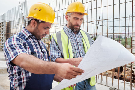 Two men wearing hard hats examining construction blueprint together at building site with exposed...