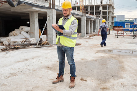 Male builder wearing safety helmet and reflective vest standing at construction site holding...
