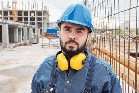 Portrait of Caucasian young adult man wearing blue hard hat and yellow ear protection standing at construction site looking into camera with serious expressionの写真素材