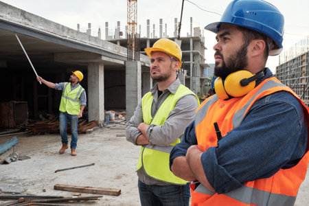 Two colleagues wearing safety helmets and vests standing at construction site while another man pointing in backgroundの写真素材