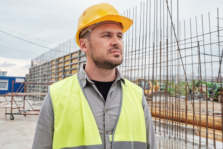 Caucasian man wearing safety helmet and reflective vest standing at construction site looking away,...