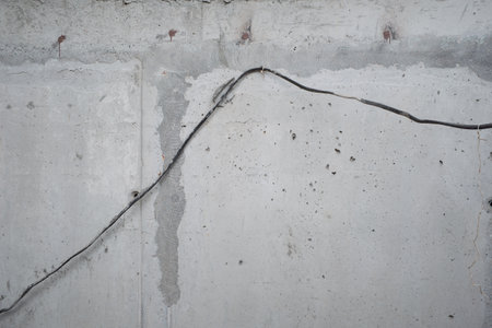 Concrete wall showing exposed electrical cable running horizontally across surface, visible cracks...