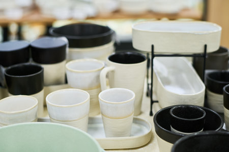 Ceramic cups, bowls, and plates arranged on table, showcasing various shapes and sizes of handmade tableware, highlighting craftsmanship and modern minimalist designの写真素材
