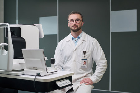 Portrait of middle aged Caucasian man wearing glasses sitting beside ophthalmology diagnostic equipment in medical office, looking into camera with slight smile, identification badge visibleの写真素材