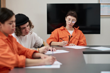 Young adult Caucasian woman in orange prison uniform sitting at table, writing on paper with young adult inmates participating in prison education programの写真素材