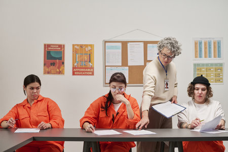 Middle aged Caucasian woman instructing three young adult women wearing prison uniforms studying documents in classroom setting with educational posters on wallの写真素材