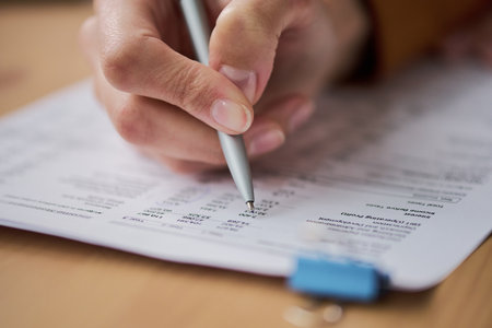 Young adult woman holding pen filling out financial document at desk, close up of hand writing on paper with printed numbers and text, focusing on paperwork completionの写真素材