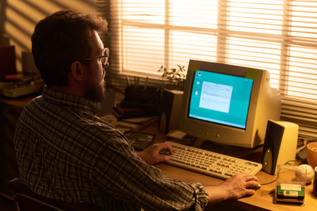 Caucasian man sitting at desk using vintage desktop computer with CRT monitor, typing on keyboard,...