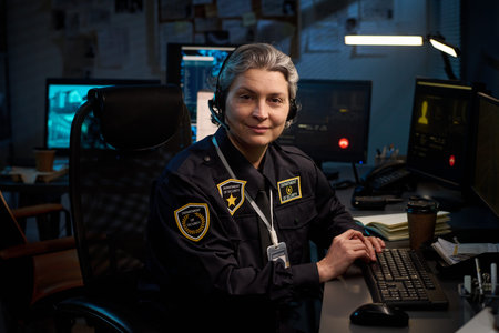 Portrait of middle aged Caucasian woman police officer sitting at desk, wearing headset, working at...