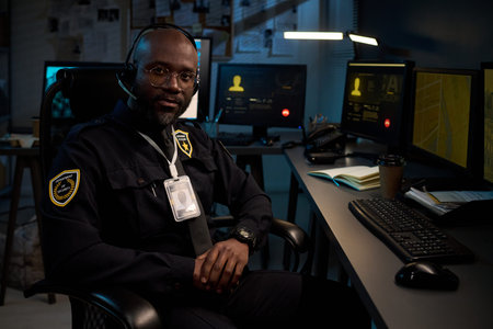 Portrait of Black man wearing security uniform and headset sitting at desk in control room,...