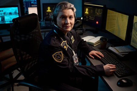 Portrait of middle aged Caucasian woman wearing headset sitting at workstation operating computer in...