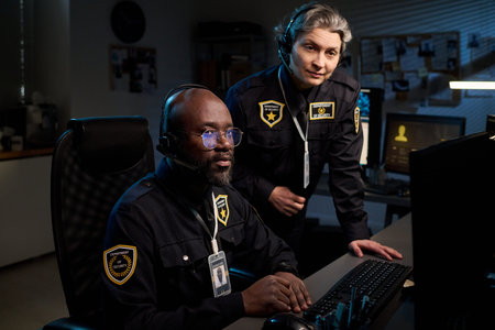 Black young man wearing headset sitting at desk using computer, Caucasian middle aged woman in...