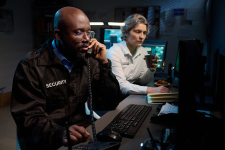 Black man wearing security uniform talking on phone while sitting at desk with computer, middle aged...