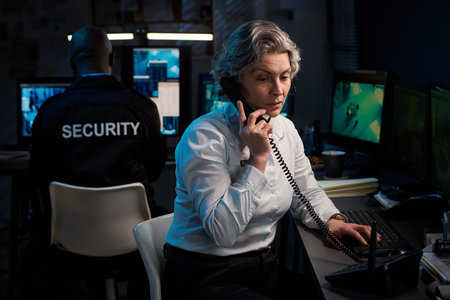 Middle aged Caucasian woman talking on phone while working at desk with computer monitors, Black man...