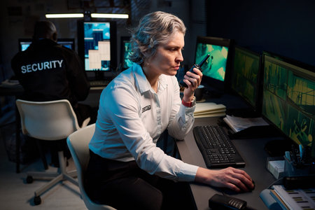 Middle aged Caucasian security officer monitoring surveillance cameras and speaking into walkie talkie while sitting at desk in control room, Black man security guard working in backgroundの写真素材