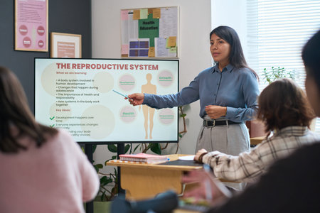 Young adult Hispanic woman teaching reproductive system lesson to group of teenagers in classroom,...