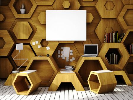 3d illustration of mock up interior with hexagonal patternの写真素材