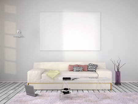 3d illustration of mock up interior with yelow couchの写真素材