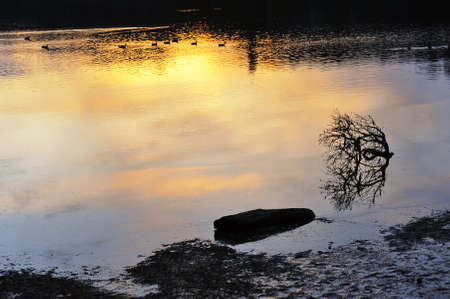 Reflection of orange sunset on a lake