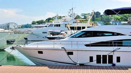 Several docked luxury yachts on display at Singapore Yacht Show April 28, 2012 in Singapore