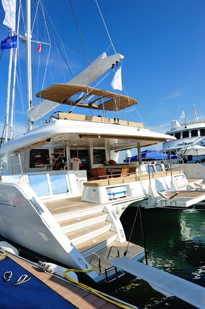 Lagoon 620 luxury yacht on display at Singapore Yacht Show April 28, 2012 in Singaporeのeditorial素材