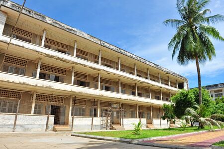 S21 Tuol Sleng Genocide Museum with barb wires covering the buildingのeditorial素材