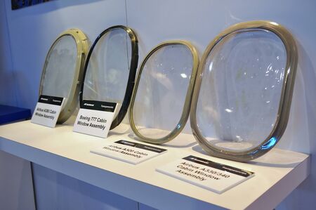 Cabin window assembly of various Boeing and Airbus aircraft at Singapore Airshow February 03, 2010 in Singaporeのeditorial素材