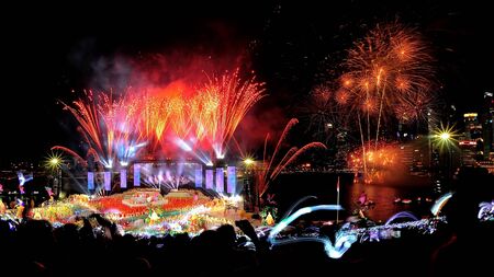 Fireworks display and stage performance during National Day Parade 2012 on August 09, 2012 in Singapore のeditorial素材