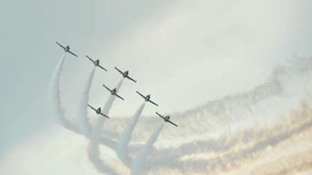 Neat aerobatics formations by Breitling Jet Team at Sentosa Siloso Beach March 9, 2013 in Singaporeのeditorial素材