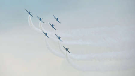 Neat aerobatics formations by Breitling Jet Team at Sentosa Siloso Beach March 9, 2013 in Singaporeのeditorial素材