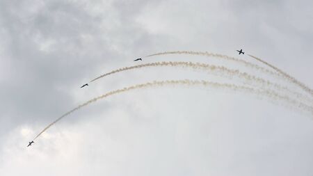 Volute Barrique aerobatics maneuvers by Breitling Jet Team at Sentosa Siloso Beach March 9, 2013 in...