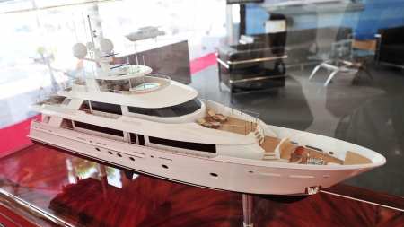 Model of Westport luxury yacht on display at the Singapore Yacht Show 2013 at One Degree 15 Marina Club, Sentosa Cove April 20, 2013 in Singaporeのeditorial素材