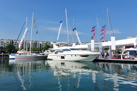 Simpson Marine yachts on display at the Singapore Yacht Show 2013 at One Degree 15 Marina Club, Sentosa Cove April 20, 2013 in Singaporeのeditorial素材