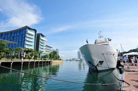 M/Y Tanvas by Sunseeker on display at the Singapore Yacht Show 2013 at One Degree 15 Marina Club, Sentosa Cove April 20, 2013 in Singaporeのeditorial素材
