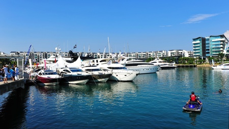 Line of Marquis yachts on display at the Singapore Yacht Show 2013 at One Degree 15 Marina Club, Sentosa Cove April 20, 2013 in Singaporeのeditorial素材