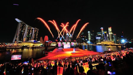 SINGAPORE - JULY 20  Fireworks display during National Day Parade  NDP  Rehearsal 2013 on July 20, 2013 in Singaporeのeditorial素材
