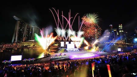 SINGAPORE - JULY 20  Fireworks display during National Day Parade  NDP  Rehearsal 2013 on July 20, 2013 in Singaporeのeditorial素材