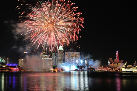 SINGAPORE - AUGUST 03: Fireworks display during National Day Parade (NDP) Rehearsal 2013 on August...