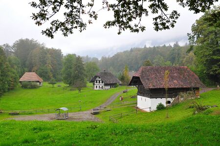 Old farm houses in Ballenberg, a Swiss open-air museum in Brienz, Switerlandのeditorial素材