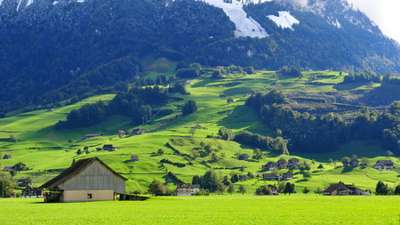 Scenic mountain landscape in Swiss Knife Valley Brunnen in Switzerlandの写真素材