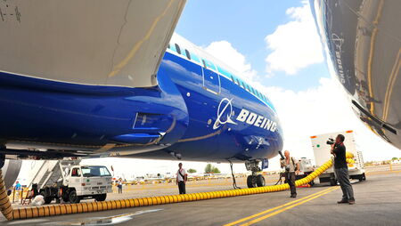SINGAPORE - FEBRUARY 12  Under the wing of the new Boeing 787 Dreamliner during media preview dream...