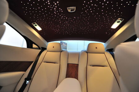 SINGAPORE - APRIL 12: Rear leather seats with star ceiling of the Rolls Royce Wraith on display...