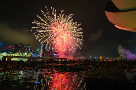 SINGAPORE - AUGUST 02: Fireworks display during National Day Parade (NDP) Preview 2014 on August 02, 2014 in Singaporeのeditorial素材