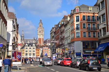 LILLE, FRANCE - SEPTEMBER 2014: Busy street leading to city center and Belfry of Lille on September 15 2014 in Lille, Franceのeditorial素材