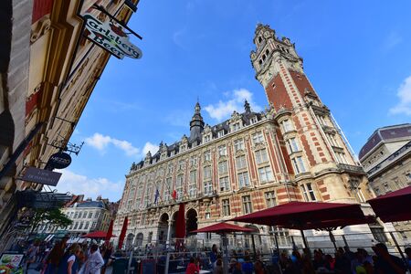 LILLE - SEPTEMBER 13: Famous belfry tower of Chamber of Commerce and Industry building on September 13, 2014 in Lille, Franceのeditorial素材
