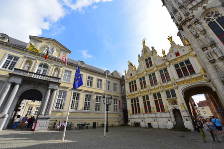 BRUGES - SEPTEMBER 14: Historic buildings of the Brugse Vrije taken on September 14, 2014 in Bruges, Belgiumのeditorial素材
