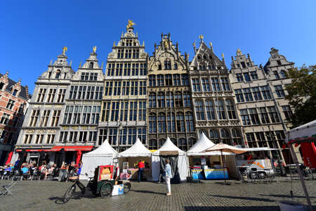 ANTWERP - SEPTEMBER 17: Unique facade of historic shop houses at Grote Markt of Antwerp, taken on September 17, 2014 in Antwerp, Belgiumのeditorial素材