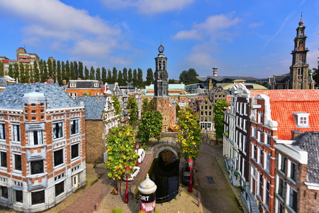 HAGUE - SEPTEMBER 19: Scaled replica of traditional Dutch canal houses at Madurodam minature park, taken on September 19, 2014 in Hague, Netherlandsのeditorial素材